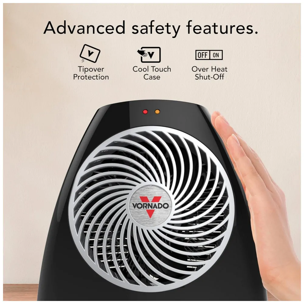 Aquecedor Pessoal Vornado VH202 Preto Vortex Heat Circulation 2 Níveis Modo Ventilador Carcaça Fria Mesa Desktop 120V