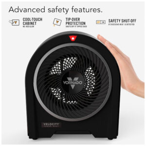 Aquecedor Vornado Velocity 5R Preto Velocity Tuned Heat Auto Climate 2 Níveis Timer 12h Controle Remoto IR Touch LED 120V