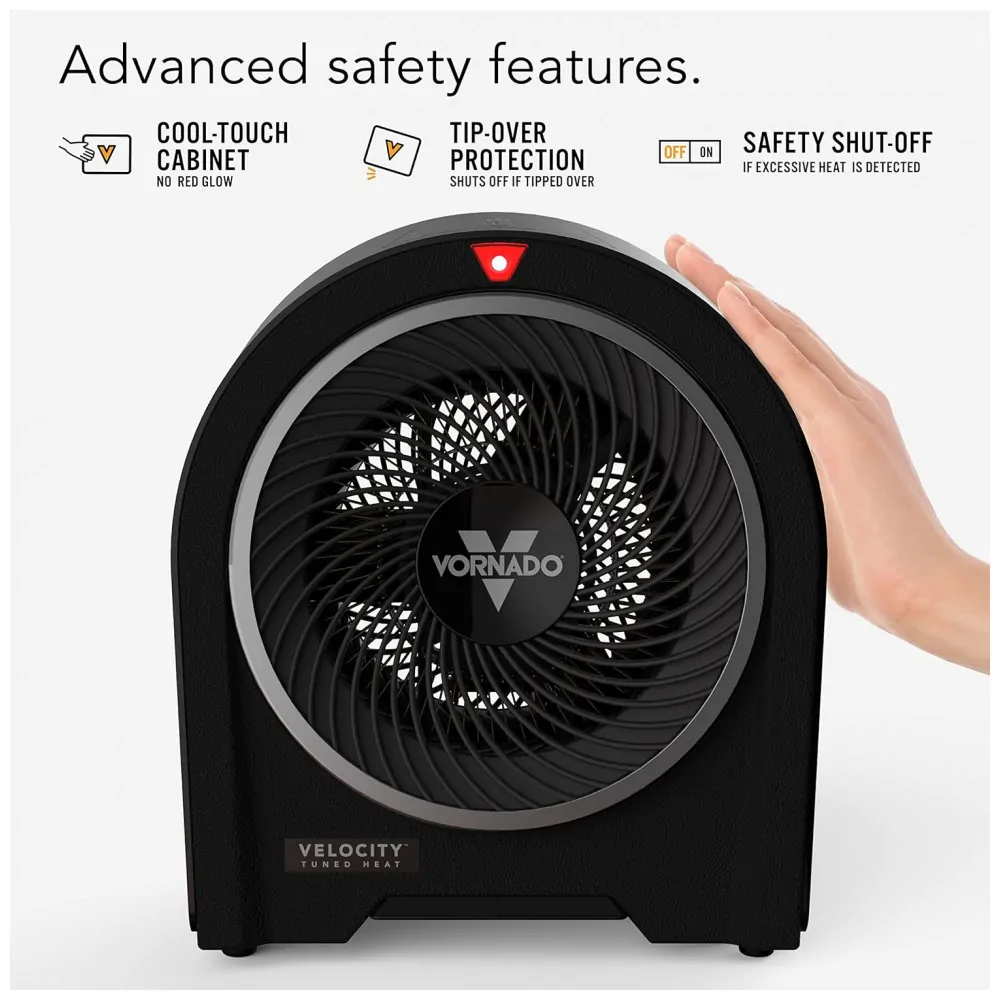 Aquecedor Vornado Velocity 5R Preto Velocity Tuned Heat Auto Climate 2 Níveis Timer 12h Controle Remoto IR Touch LED 120V