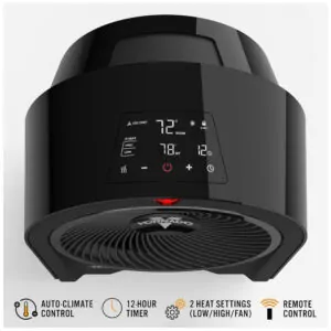 Aquecedor Vornado Velocity 5R Preto Velocity Tuned Heat Auto Climate 2 Níveis Timer 12h Controle Remoto IR Touch LED 120V