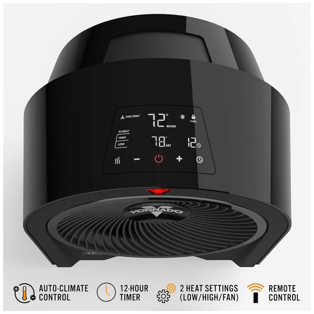 Aquecedor Vornado Velocity 5R Preto Velocity Tuned Heat Auto Climate 2 Níveis Timer 12h Controle Remoto IR Touch LED 120V