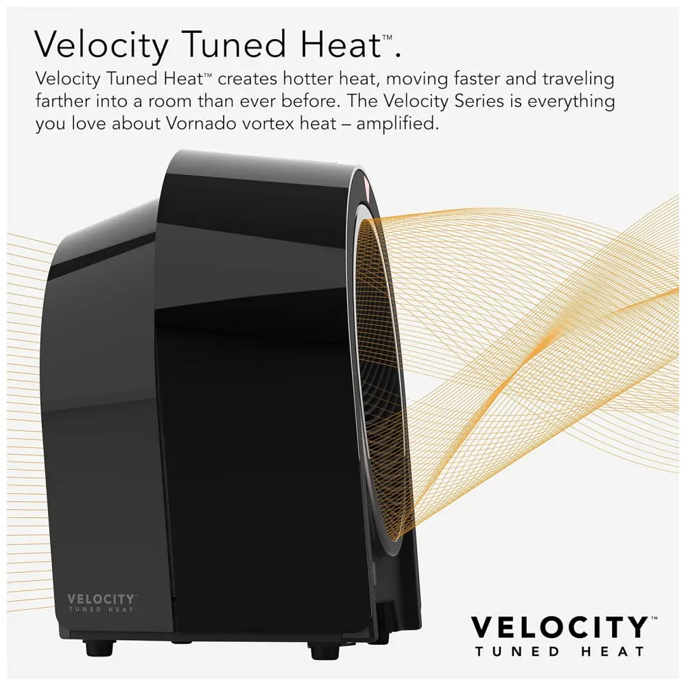 Aquecedor Vornado Velocity 5R Preto Velocity Tuned Heat Auto Climate 2 Níveis Timer 12h Controle Remoto IR Touch LED 120V